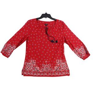 Talbots Red Floral Boho Blouse 3/4 Sleeve Tassel Tie Neck Small Cotton Womens To